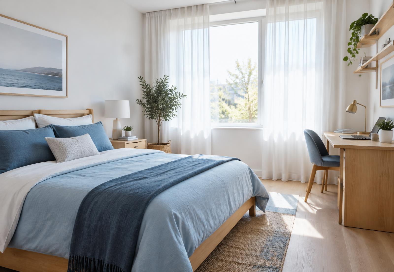 Quarto claro com escrivaninha junto à janela