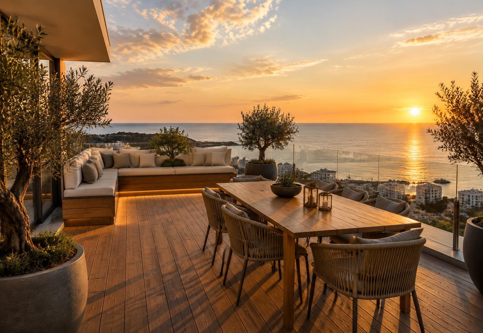 Terraço de cobertura com mesa de madeira ao pôr do sol